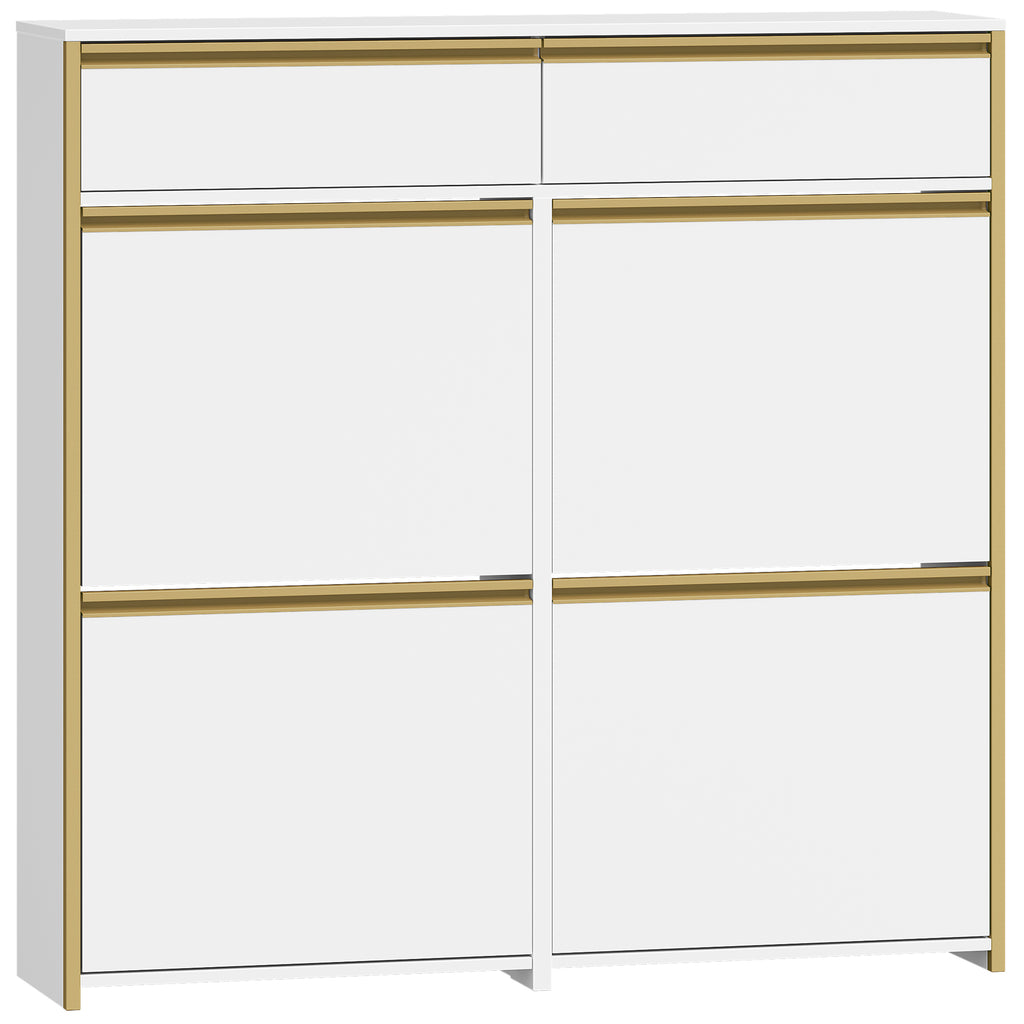 HEXCELEN Narrow Shoe Cabinet with 4 Hinged Doors, Shoe Cabinet, Shoe Rack with Drawer, Narrow Shoe Chest with 8 Shelves, Adjustable, for Hallway, Entrance, 100 x 24 x 99 cm, White Gold