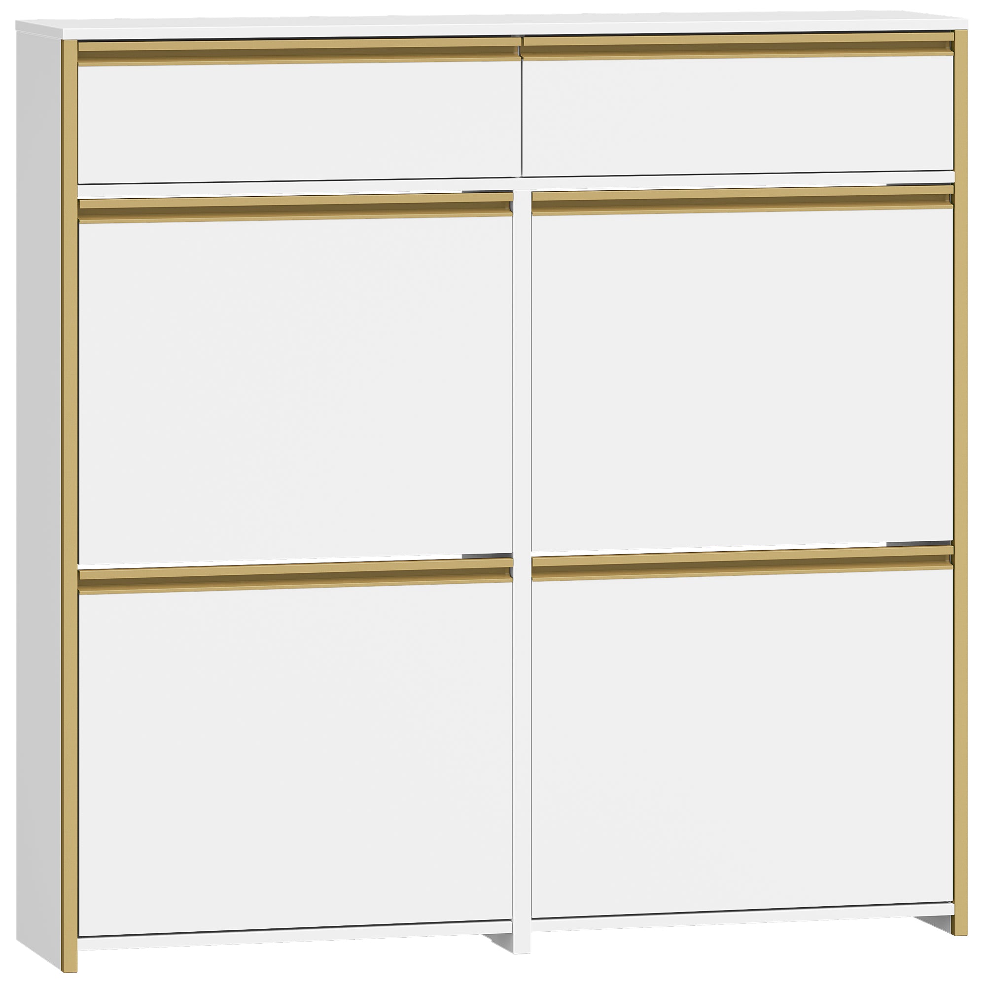 HEXCELEN Narrow Shoe Cabinet with 4 Hinged Doors, Shoe Cabinet, Shoe Rack with Drawer, Narrow Shoe Chest with 8 Shelves, Adjustable, for Hallway, Entrance, 100 x 24 x 99 cm, White Gold