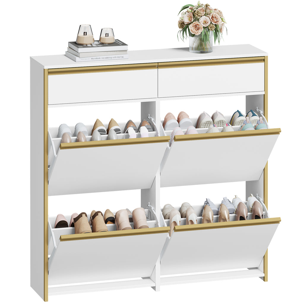HEXCELEN Narrow Shoe Cabinet with 4 Hinged Doors, Shoe Cabinet, Shoe Rack with Drawer, Narrow Shoe Chest with 8 Shelves, Adjustable, for Hallway, Entrance, 100 x 24 x 99 cm, White Gold