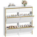 HEXCELEN Narrow Shoe Cabinet with 4 Hinged Doors, Shoe Cabinet, Shoe Rack with Drawer, Narrow Shoe Chest with 8 Shelves, Adjustable, for Hallway, Entrance, 100 x 24 x 99 cm, White Gold