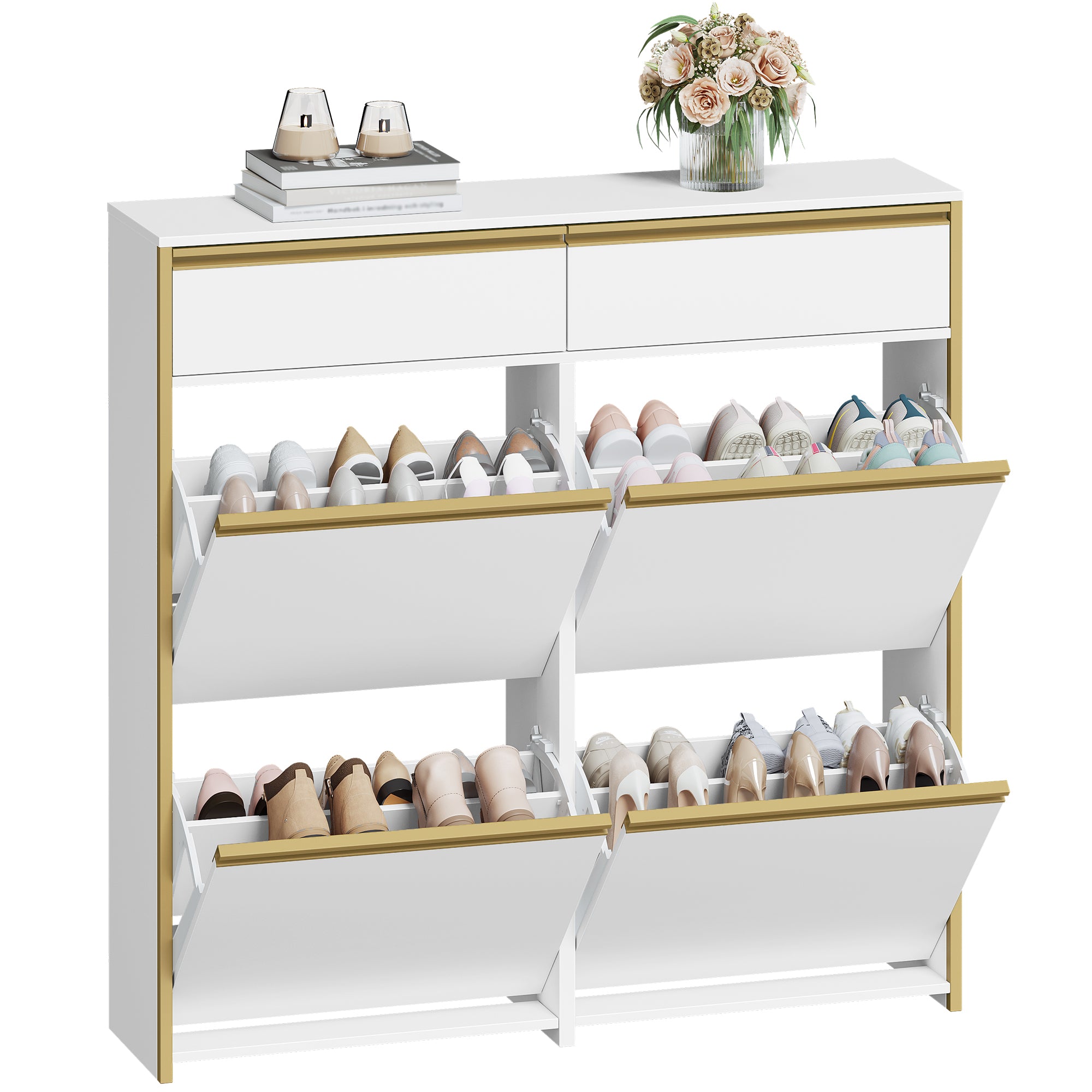 HEXCELEN Narrow Shoe Cabinet with 4 Hinged Doors, Shoe Cabinet, Shoe Rack with Drawer, Narrow Shoe Chest with 8 Shelves, Adjustable, for Hallway, Entrance, 100 x 24 x 99 cm, White Gold