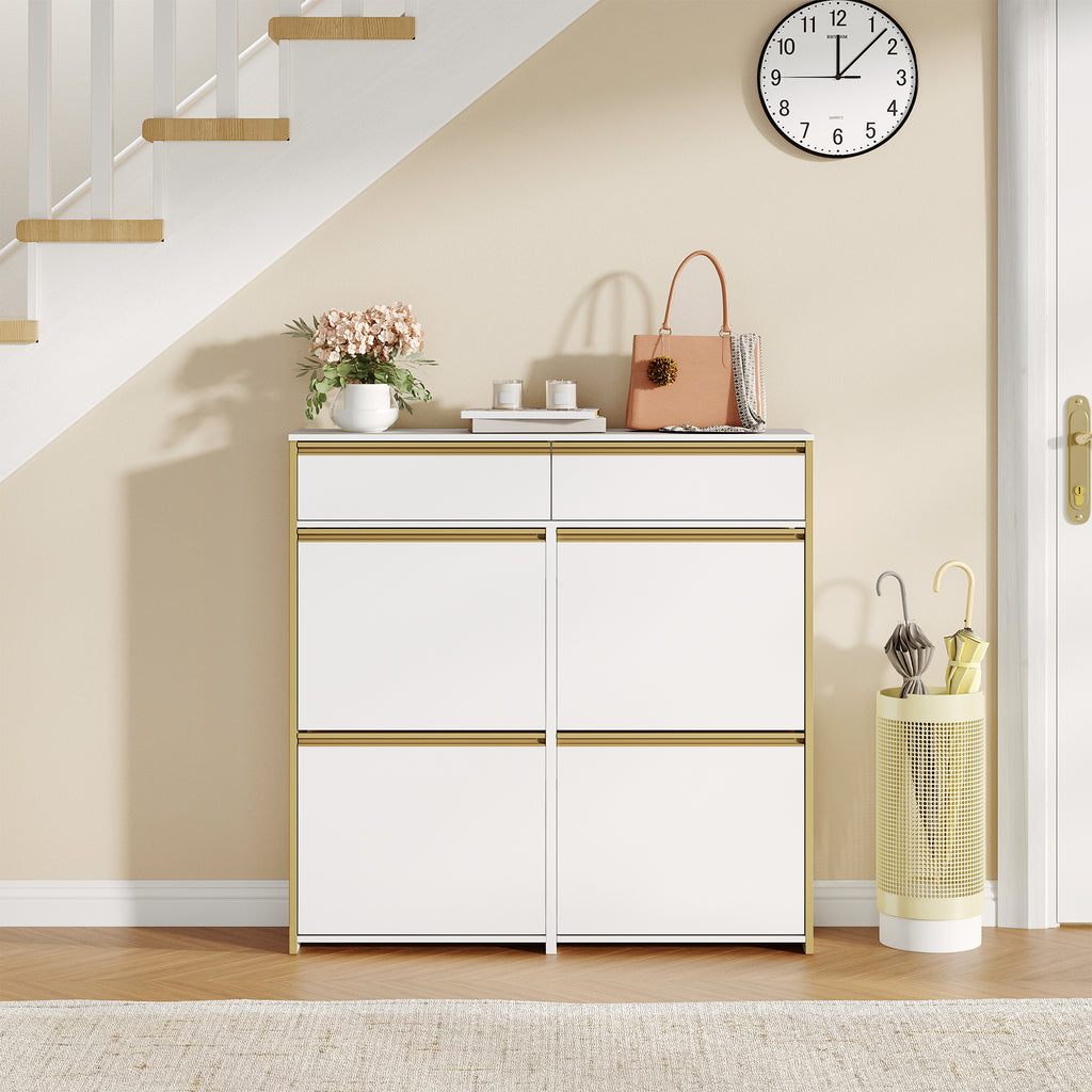HEXCELEN Narrow Shoe Cabinet with 4 Hinged Doors, Shoe Cabinet, Shoe Rack with Drawer, Narrow Shoe Chest with 8 Shelves, Adjustable, for Hallway, Entrance, 100 x 24 x 99 cm, White Gold