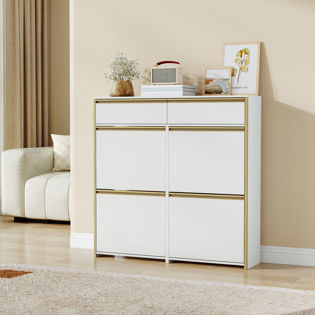 HEXCELEN Narrow Shoe Cabinet with 4 Hinged Doors, Shoe Cabinet, Shoe Rack with Drawer, Narrow Shoe Chest with 8 Shelves, Adjustable, for Hallway, Entrance, 100 x 24 x 99 cm, White Gold