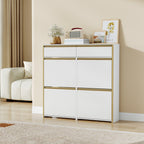 HEXCELEN Narrow Shoe Cabinet with 4 Hinged Doors, Shoe Cabinet, Shoe Rack with Drawer, Narrow Shoe Chest with 8 Shelves, Adjustable, for Hallway, Entrance, 100 x 24 x 99 cm, White Gold