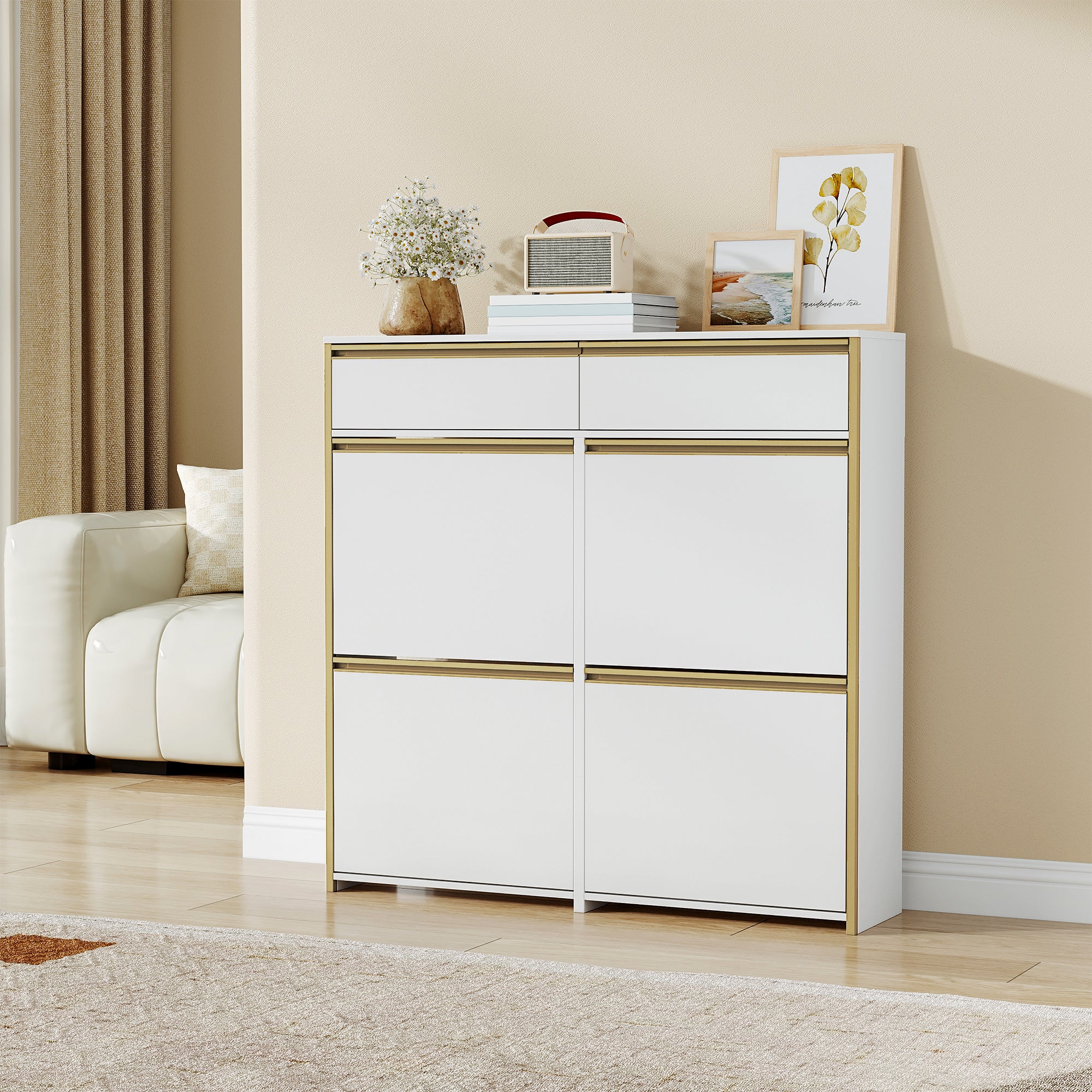 HEXCELEN Narrow Shoe Cabinet with 4 Hinged Doors, Shoe Cabinet, Shoe Rack with Drawer, Narrow Shoe Chest with 8 Shelves, Adjustable, for Hallway, Entrance, 100 x 24 x 99 cm, White Gold