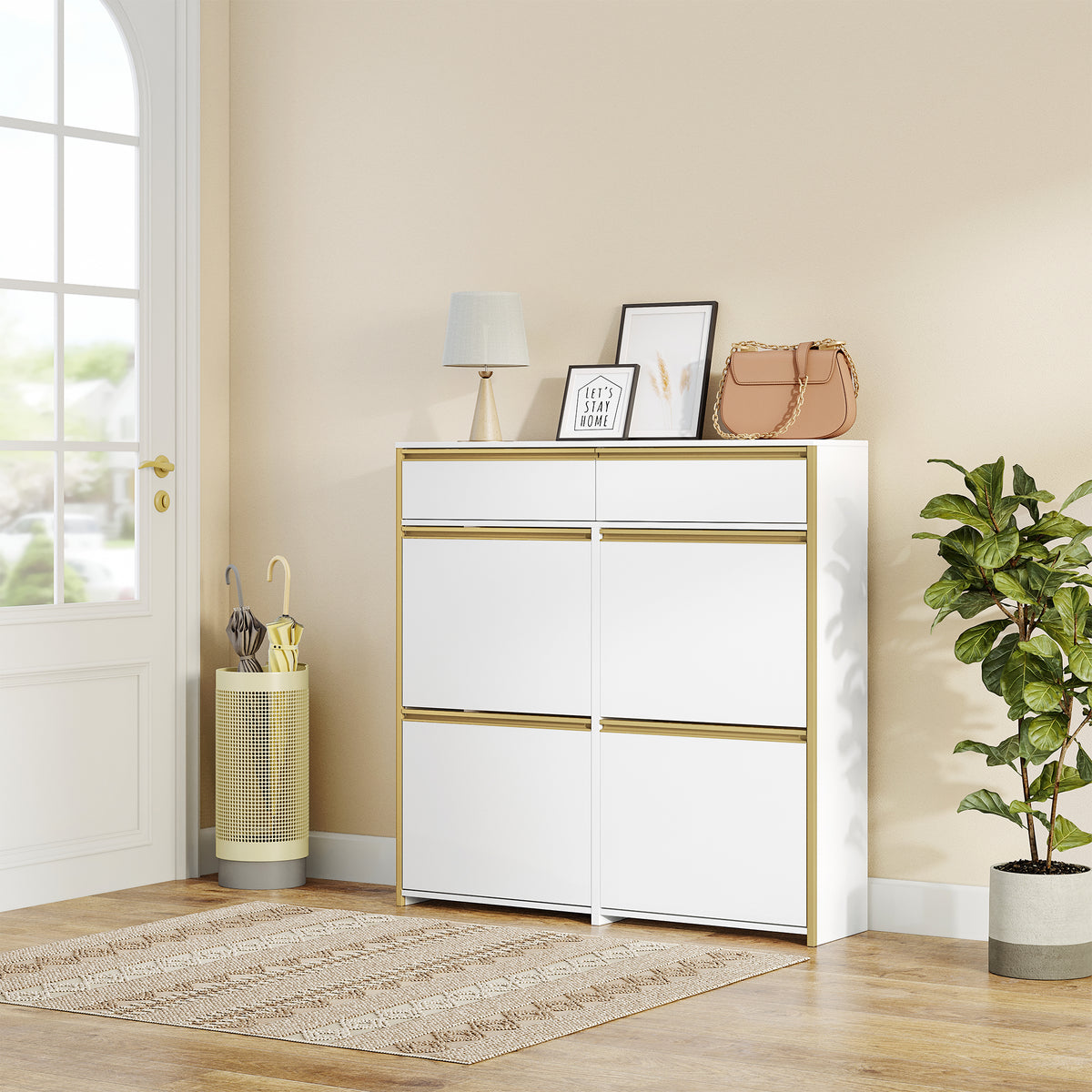HEXCELEN Narrow Shoe Cabinet with 4 Hinged Doors, Shoe Cabinet, Shoe Rack with Drawer, Narrow Shoe Chest with 8 Shelves, Adjustable, for Hallway, Entrance, 100 x 24 x 99 cm, White Gold