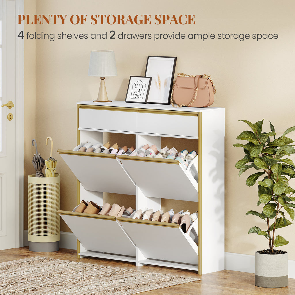 HEXCELEN Narrow Shoe Cabinet with 4 Hinged Doors, Shoe Cabinet, Shoe Rack with Drawer, Narrow Shoe Chest with 8 Shelves, Adjustable, for Hallway, Entrance, 100 x 24 x 99 cm, White Gold