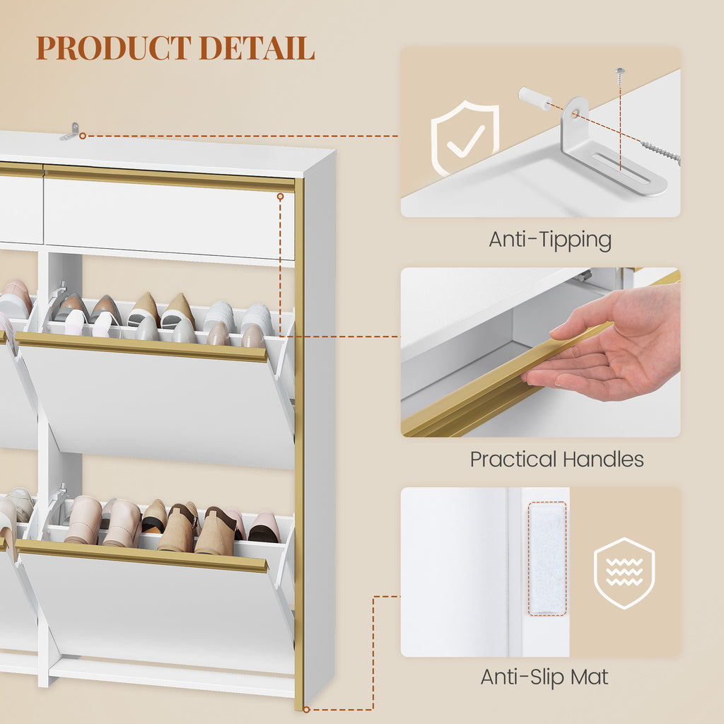 HEXCELEN Narrow Shoe Cabinet with 4 Hinged Doors, Shoe Cabinet, Shoe Rack with Drawer, Narrow Shoe Chest with 8 Shelves, Adjustable, for Hallway, Entrance, 100 x 24 x 99 cm, White Gold