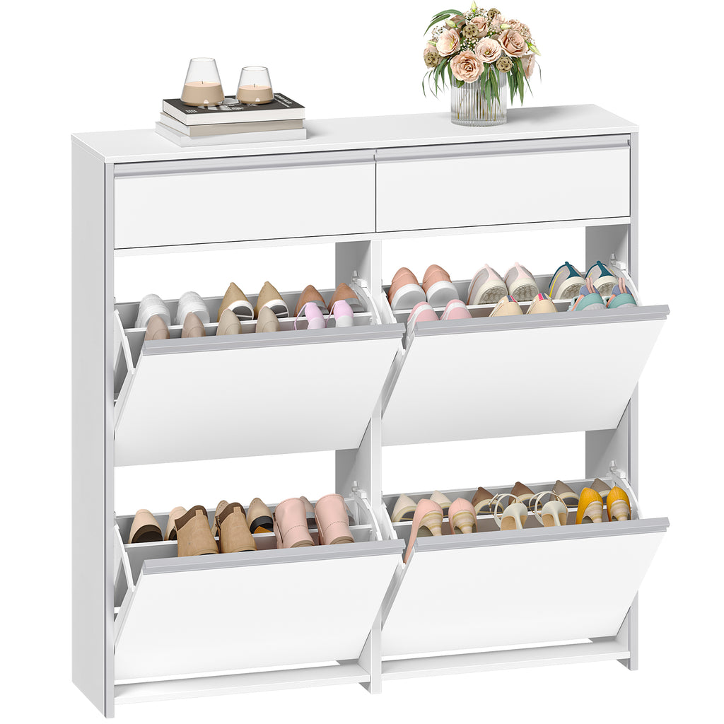 HEXCELEN Narrow Shoe Cabinet with 4 Hinged Doors, Shoe Cabinet, Shoe Rack with Drawer, Narrow Shoe Chest with 8 Shelves, Adjustable, for Hallway, Entrance, 100 x 24 x 99 cm, White