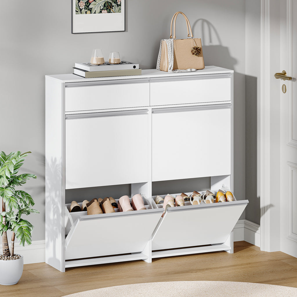 HEXCELEN Narrow Shoe Cabinet with 4 Hinged Doors, Shoe Cabinet, Shoe Rack with Drawer, Narrow Shoe Chest with 8 Shelves, Adjustable, for Hallway, Entrance, 100 x 24 x 99 cm, White