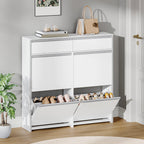 HEXCELEN Narrow Shoe Cabinet with 4 Hinged Doors, Shoe Cabinet, Shoe Rack with Drawer, Narrow Shoe Chest with 8 Shelves, Adjustable, for Hallway, Entrance, 100 x 24 x 99 cm, White