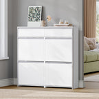 HEXCELEN Narrow Shoe Cabinet with 4 Hinged Doors, Shoe Cabinet, Shoe Rack with Drawer, Narrow Shoe Chest with 8 Shelves, Adjustable, for Hallway, Entrance, 100 x 24 x 99 cm, White