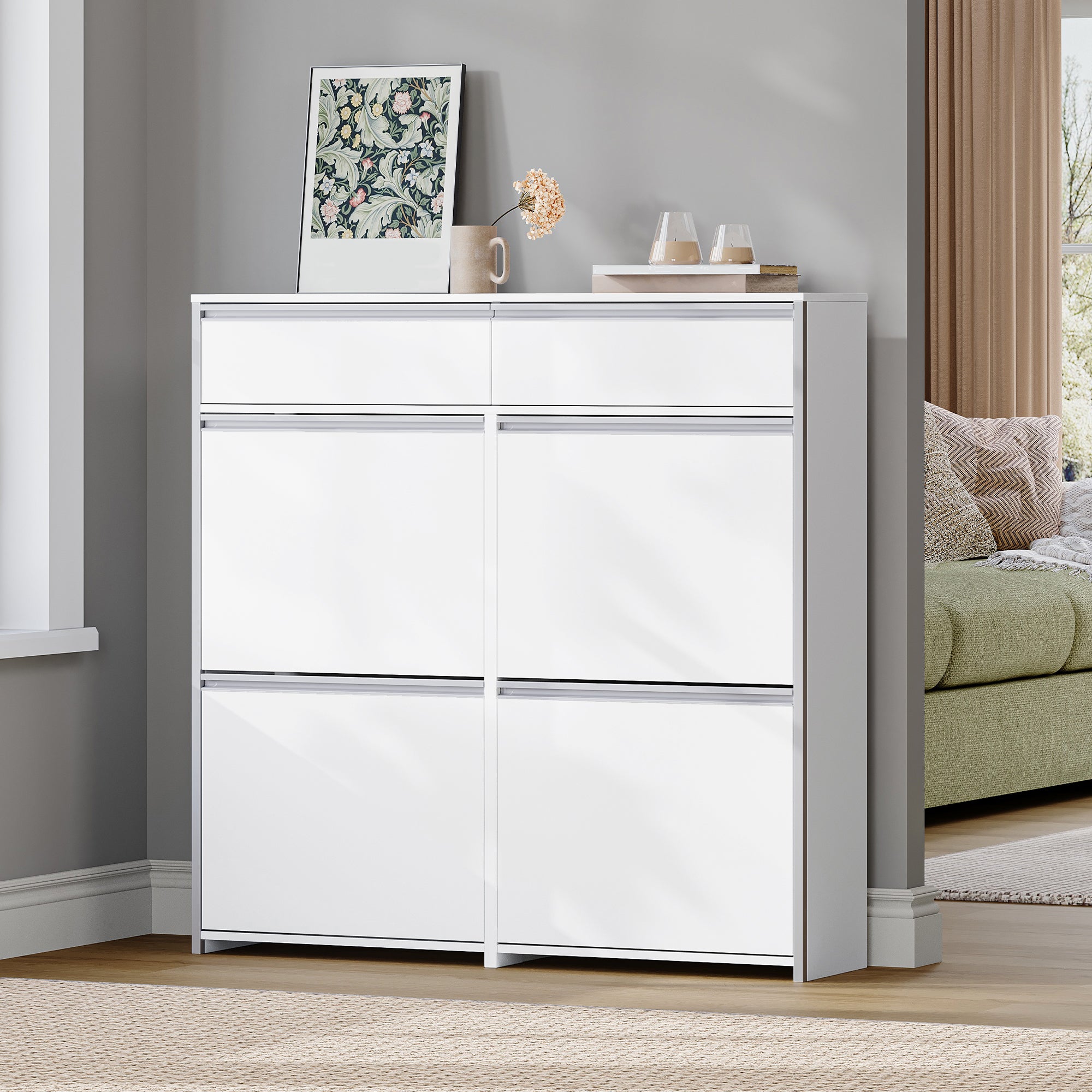 HEXCELEN Narrow Shoe Cabinet with 4 Hinged Doors, Shoe Cabinet, Shoe Rack with Drawer, Narrow Shoe Chest with 8 Shelves, Adjustable, for Hallway, Entrance, 100 x 24 x 99 cm, White