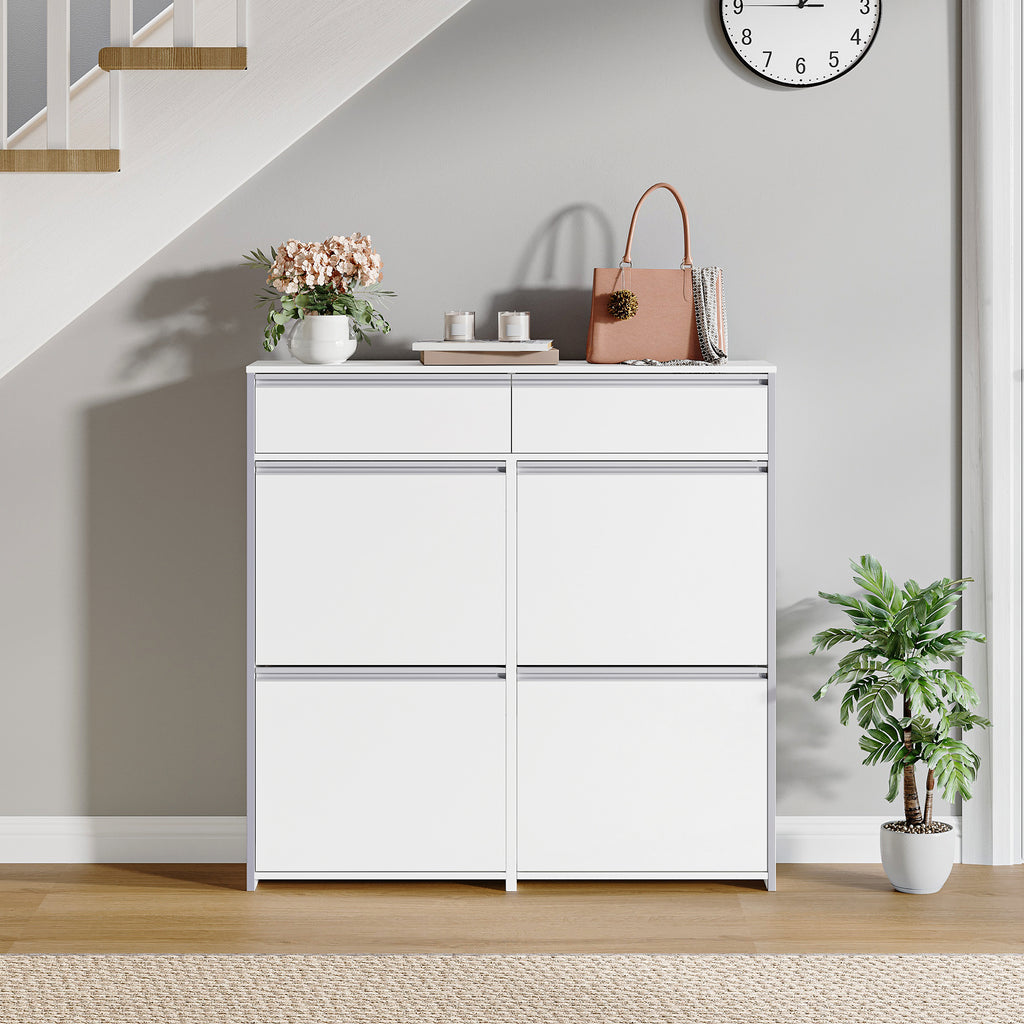 HEXCELEN Narrow Shoe Cabinet with 4 Hinged Doors, Shoe Cabinet, Shoe Rack with Drawer, Narrow Shoe Chest with 8 Shelves, Adjustable, for Hallway, Entrance, 100 x 24 x 99 cm, White