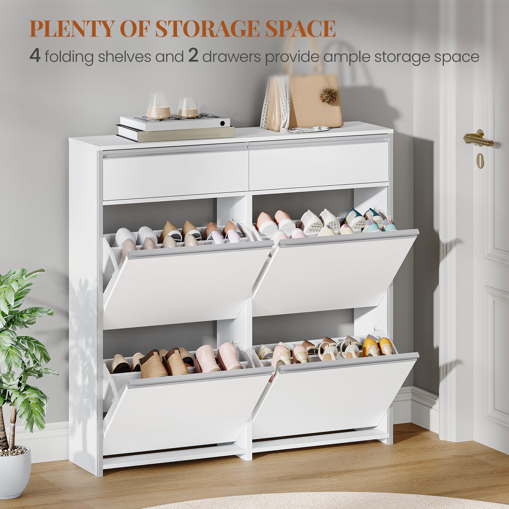HEXCELEN Narrow Shoe Cabinet with 4 Hinged Doors, Shoe Cabinet, Shoe Rack with Drawer, Narrow Shoe Chest with 8 Shelves, Adjustable, for Hallway, Entrance, 100 x 24 x 99 cm, White