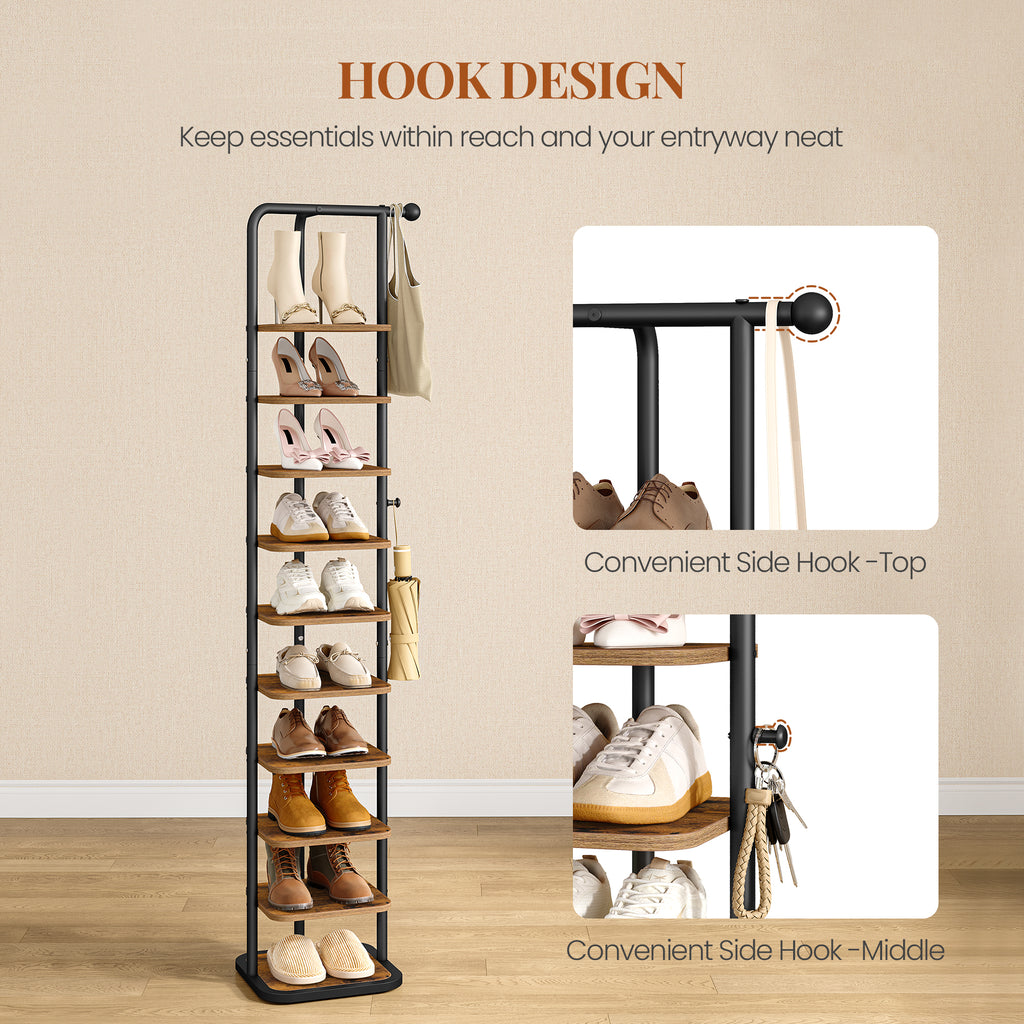 HEXCELEN Shoe Rack, 10-Tier Shoe Rack, Narrow Vertical Shoe Rack, Adjustable Shelf, for Entryway, Living Room