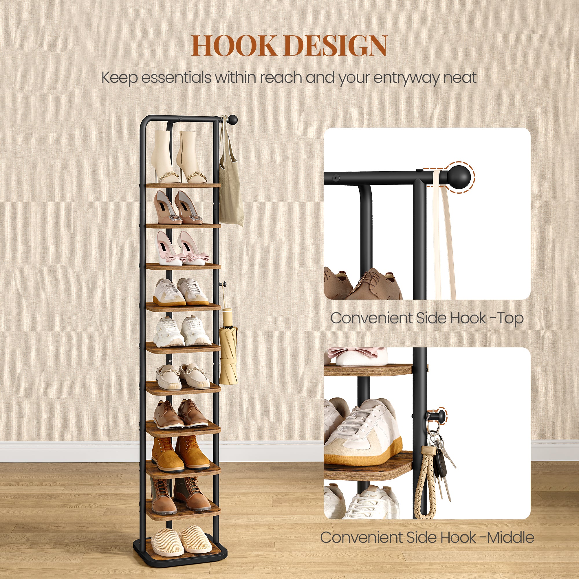 HEXCELEN Shoe Rack, 10-Tier Shoe Rack, Narrow Vertical Shoe Rack, Adjustable Shelf, for Entryway, Living Room