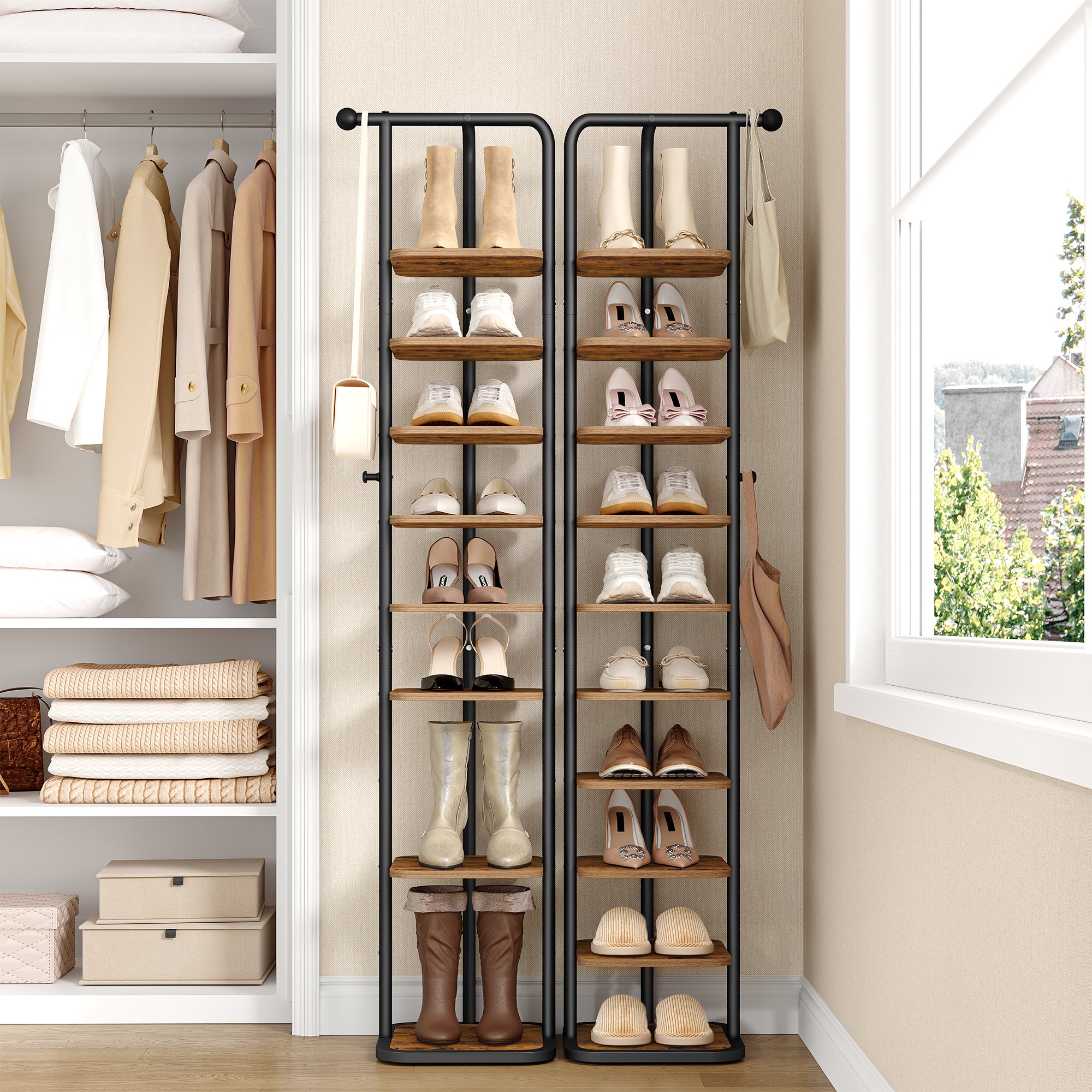 HEXCELEN Shoe Rack, 10-Tier Shoe Rack, Narrow Vertical Shoe Rack, Adjustable Shelf, for Entryway, Living Room