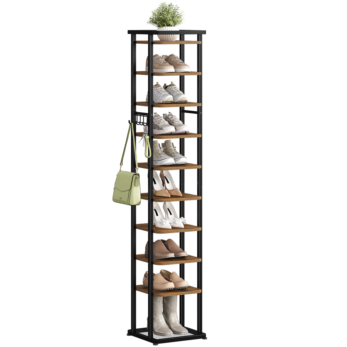 HEXCELEN Vertical Shoe Rack, 10 Tiers Narrow Shoe Rack with Hooks, Adjustable, Space-Saving, Shoe Tower for Living Room, Entryway and Hallway, Brown and Black, 33.4 × 33.4 × 170.6 cm