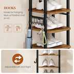 HEXCELEN Vertical Shoe Rack, 10 Tiers Narrow Shoe Rack with Hooks, Adjustable, Space-Saving, Shoe Tower for Living Room, Entryway and Hallway, Brown and Black, 33.4 × 33.4 × 170.6 cm