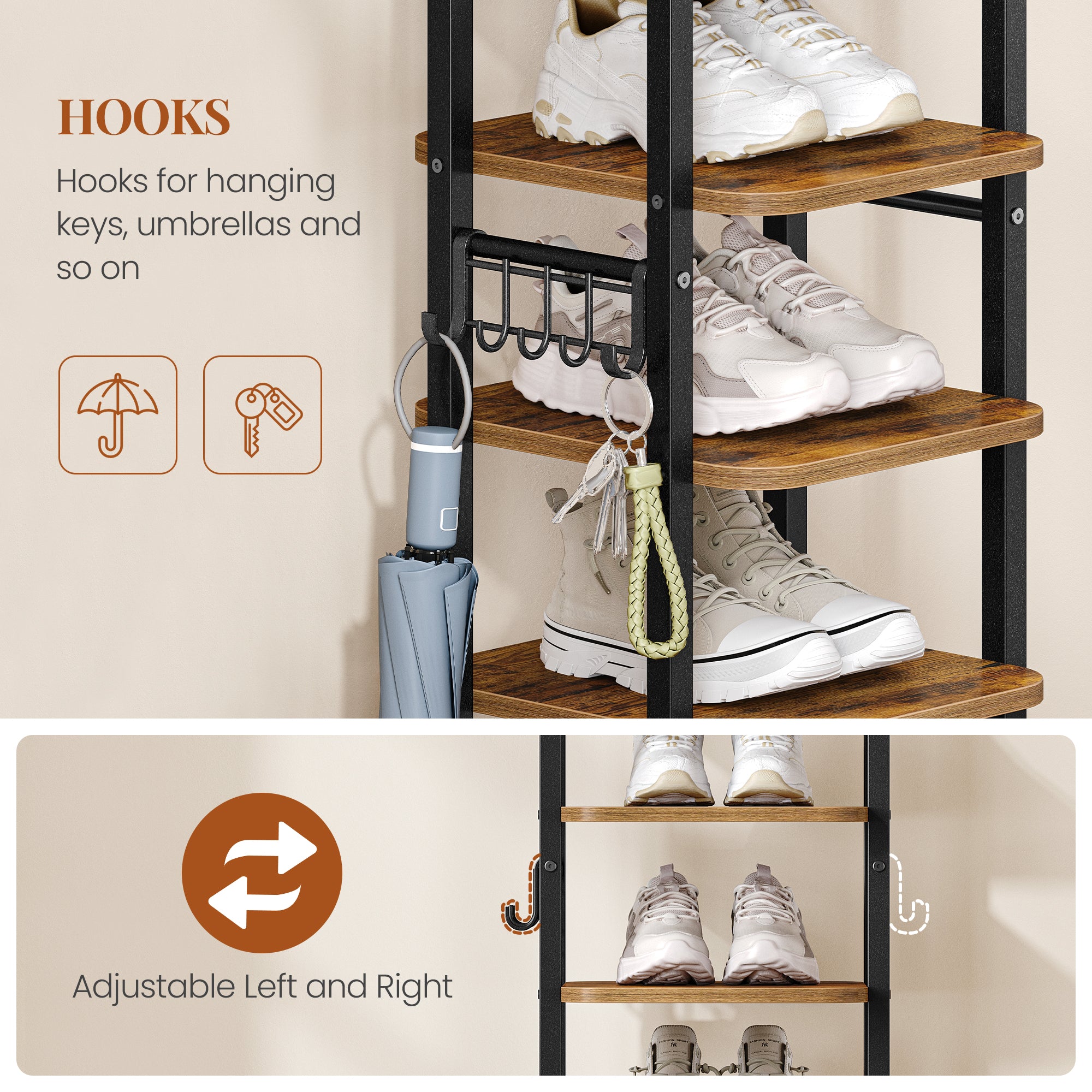 HEXCELEN Vertical Shoe Rack, 10 Tiers Narrow Shoe Rack with Hooks, Adjustable, Space-Saving, Shoe Tower for Living Room, Entryway and Hallway, Brown and Black, 33.4 × 33.4 × 170.6 cm