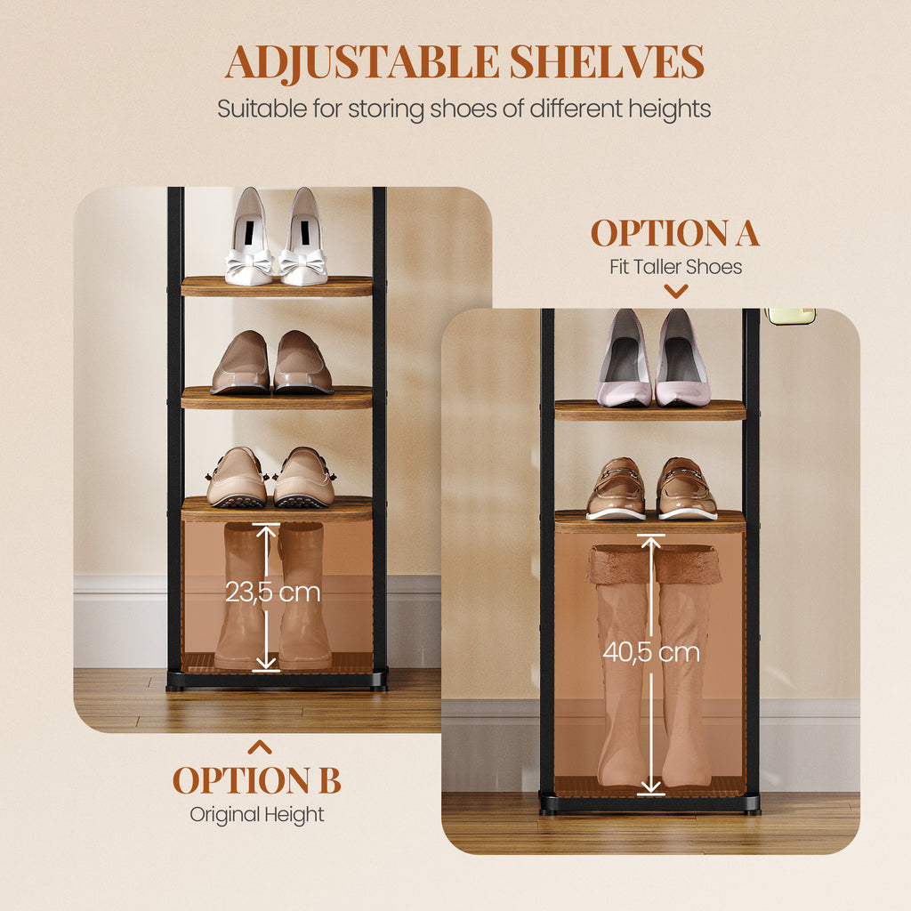 HEXCELEN Vertical Shoe Rack, 10 Tiers Narrow Shoe Rack with Hooks, Adjustable, Space-Saving, Shoe Tower for Living Room, Entryway and Hallway, Brown and Black, 33.4 × 33.4 × 170.6 cm