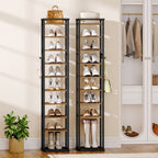 HEXCELEN Vertical Shoe Rack, 10 Tiers Narrow Shoe Rack with Hooks, Adjustable, Space-Saving, Shoe Tower for Living Room, Entryway and Hallway, Brown and Black, 33.4 × 33.4 × 170.6 cm