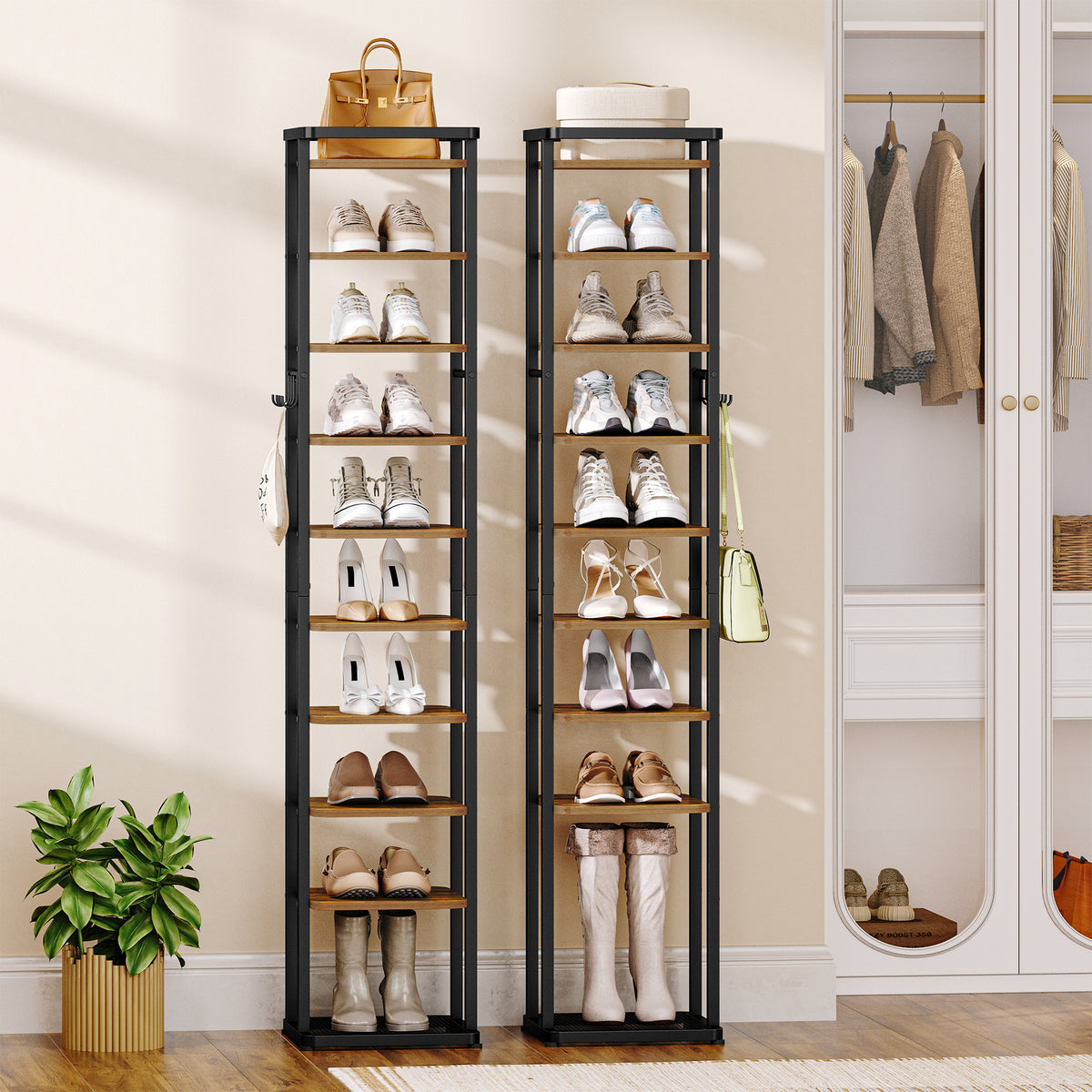 HEXCELEN Vertical Shoe Rack, 10 Tiers Narrow Shoe Rack with Hooks, Adjustable, Space-Saving, Shoe Tower for Living Room, Entryway and Hallway, Brown and Black, 33.4 × 33.4 × 170.6 cm