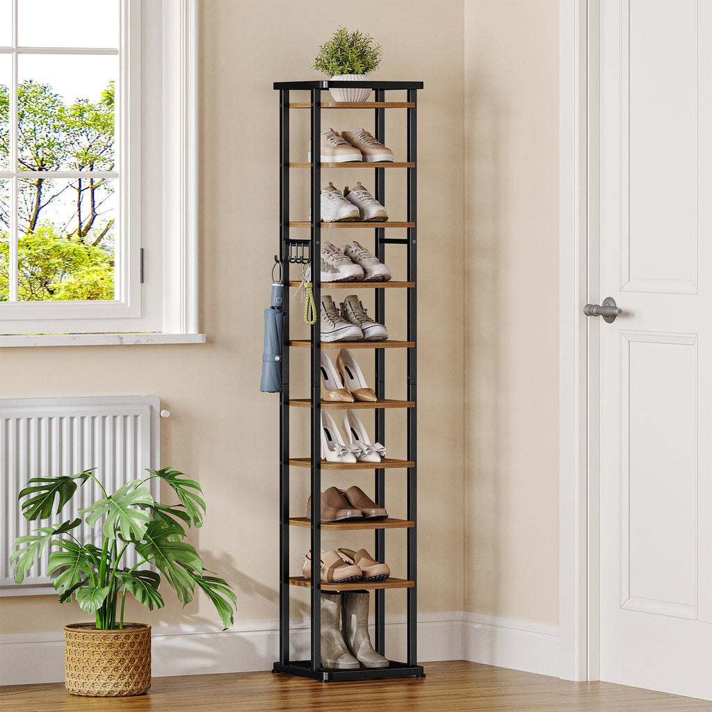 HEXCELEN Vertical Shoe Rack, 10 Tiers Narrow Shoe Rack with Hooks, Adjustable, Space-Saving, Shoe Tower for Living Room, Entryway and Hallway, Brown and Black, 33.4 × 33.4 × 170.6 cm