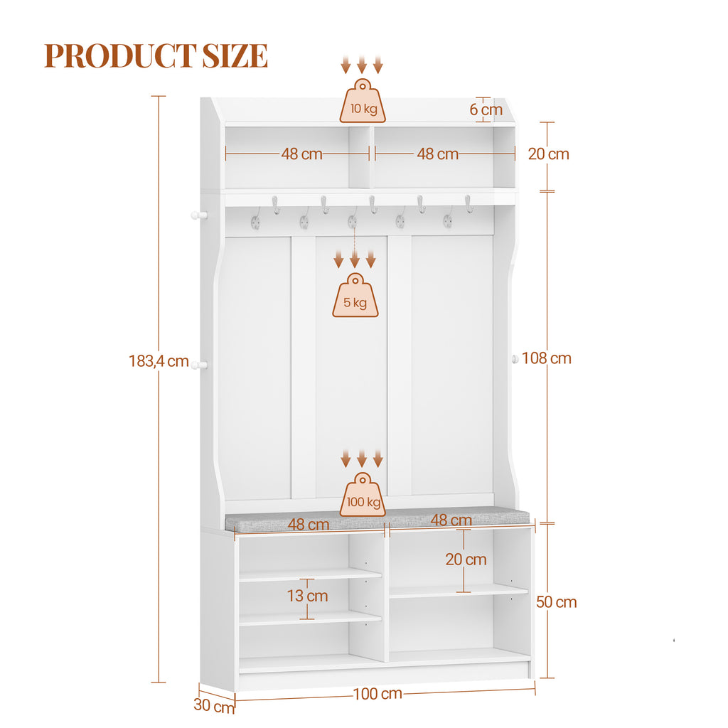 HEXCELEN Coat Rack with Shoe Bench, Wardrobe with 14 Hooks and 7 Open Compartments, Adjustable Shelves, for Hallways, Entrances, Living Rooms, 30 x 100 x 183.4 cm, White 720103X