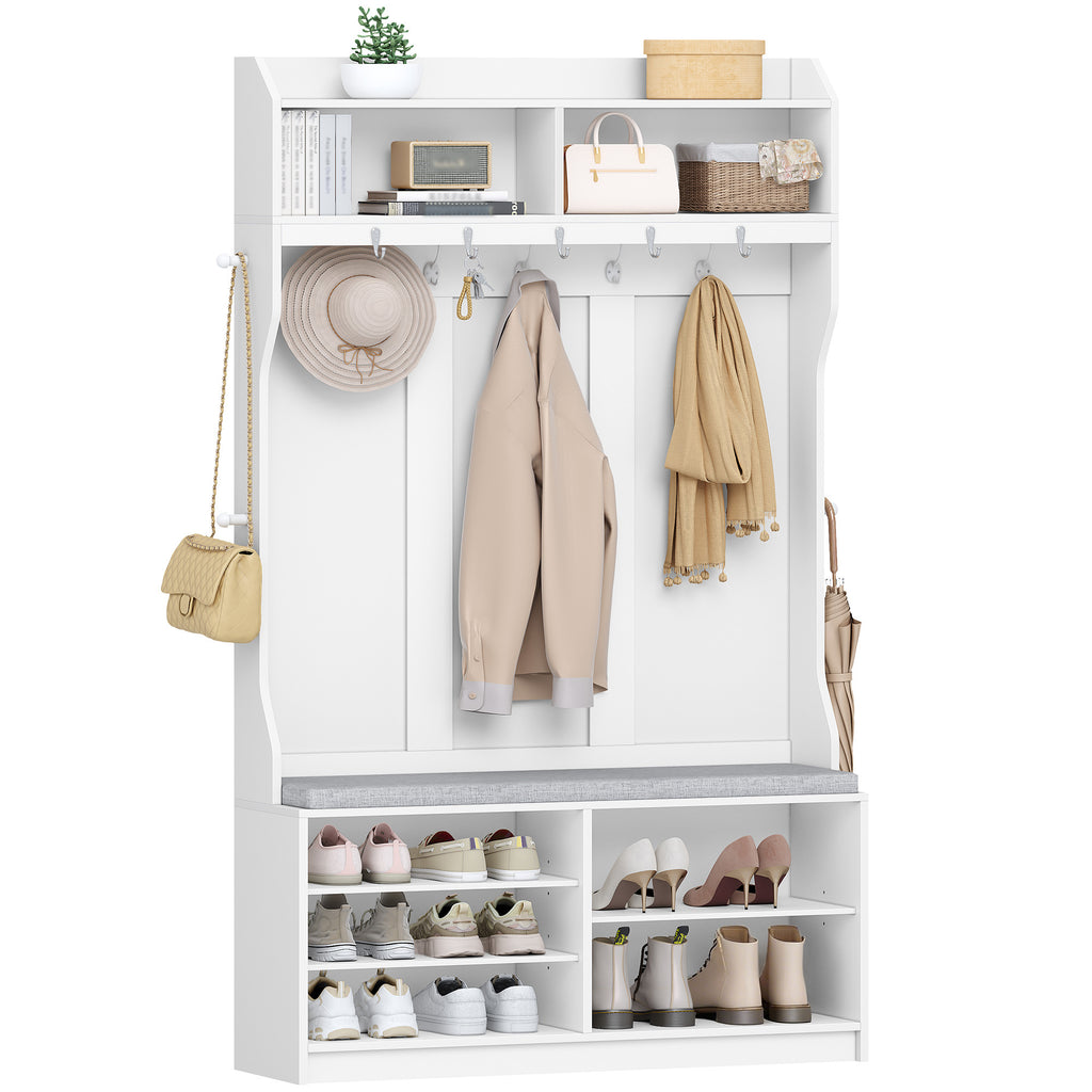 HEXCELEN Coat Rack with Shoe Bench, Wardrobe with 14 Hooks and 7 Open Compartments, Adjustable Shelves, for Hallways, Entrances, Living Rooms, 30 x 100 x 183.4 cm, White 720103X