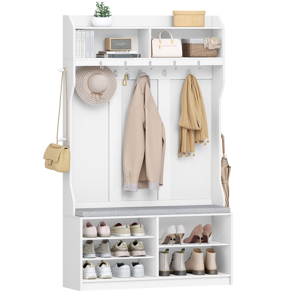 HEXCELEN Coat Rack with Shoe Bench, Wardrobe with 14 Hooks and 7 Open Compartments, Adjustable Shelves, for Hallways, Entrances, Living Rooms, 30 x 100 x 183.4 cm, White 720103X