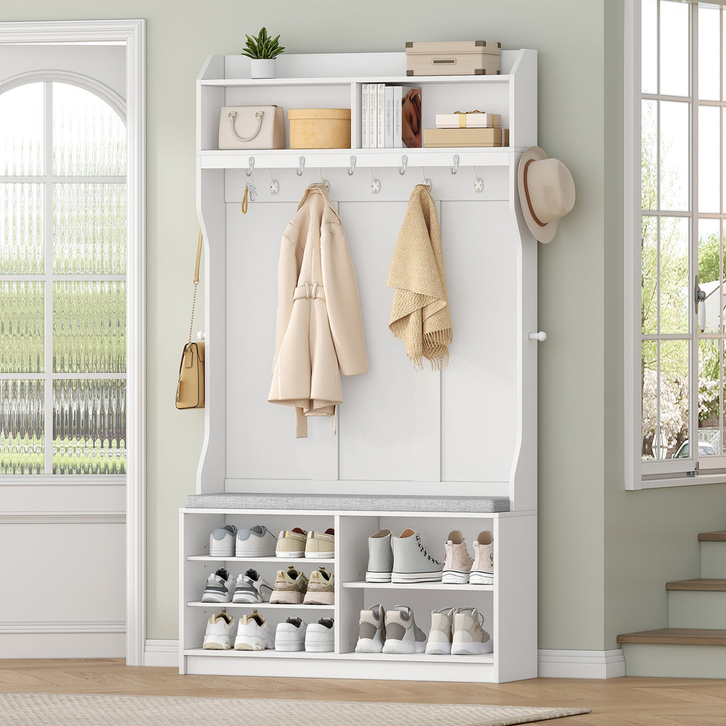 HEXCELEN Coat Rack with Shoe Bench, Wardrobe with 14 Hooks and 7 Open Compartments, Adjustable Shelves, for Hallways, Entrances, Living Rooms, 30 x 100 x 183.4 cm, White 720103X