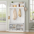 HEXCELEN Coat Rack with Shoe Bench, Wardrobe with 14 Hooks and 7 Open Compartments, Adjustable Shelves, for Hallways, Entrances, Living Rooms, 30 x 100 x 183.4 cm, White 720103X