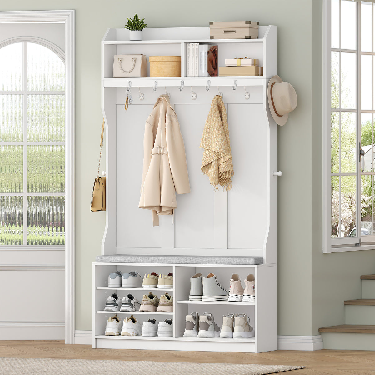HEXCELEN Coat Rack with Shoe Bench, Wardrobe with 14 Hooks and 7 Open Compartments, Adjustable Shelves, for Hallways, Entrances, Living Rooms, 30 x 100 x 183.4 cm, White 720103X