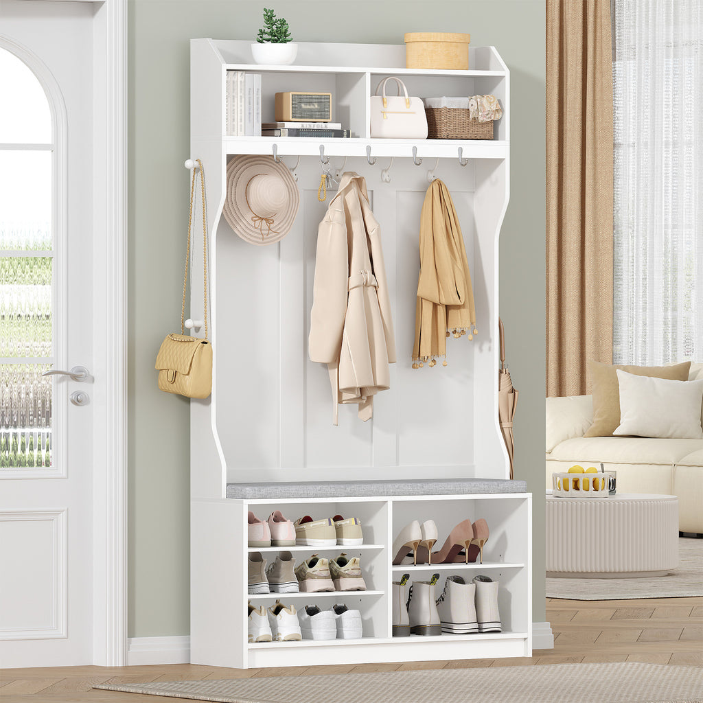HEXCELEN Coat Rack with Shoe Bench, Wardrobe with 14 Hooks and 7 Open Compartments, Adjustable Shelves, for Hallways, Entrances, Living Rooms, 30 x 100 x 183.4 cm, White 720103X
