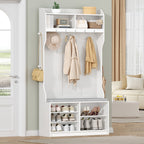 HEXCELEN Coat Rack with Shoe Bench, Wardrobe with 14 Hooks and 7 Open Compartments, Adjustable Shelves, for Hallways, Entrances, Living Rooms, 30 x 100 x 183.4 cm, White 720103X