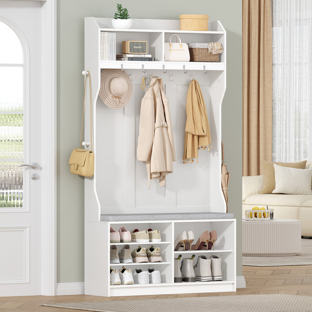 HEXCELEN Coat Rack with Shoe Bench, Wardrobe with 14 Hooks and 7 Open Compartments, Adjustable Shelves, for Hallways, Entrances, Living Rooms, 30 x 100 x 183.4 cm, White 720103X