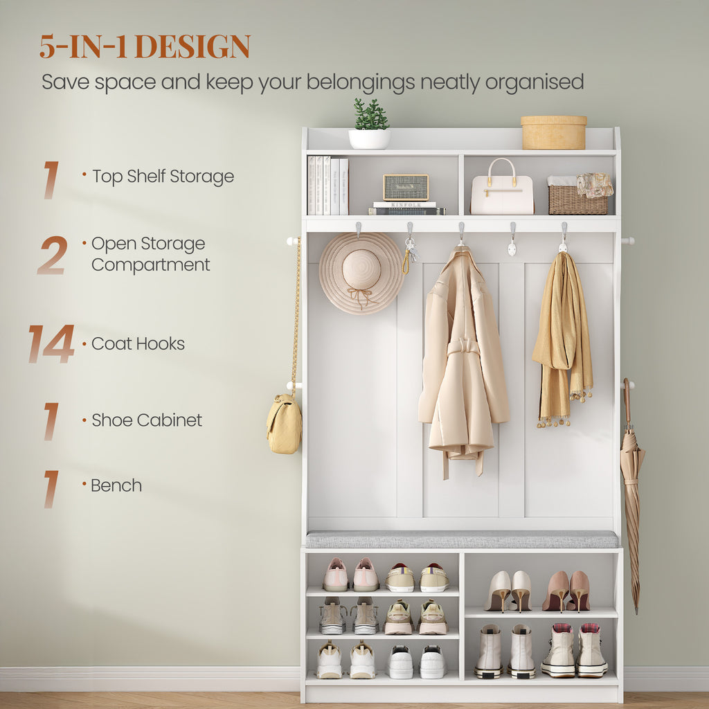 HEXCELEN Coat Rack with Shoe Bench, Wardrobe with 14 Hooks and 7 Open Compartments, Adjustable Shelves, for Hallways, Entrances, Living Rooms, 30 x 100 x 183.4 cm, White 720103X