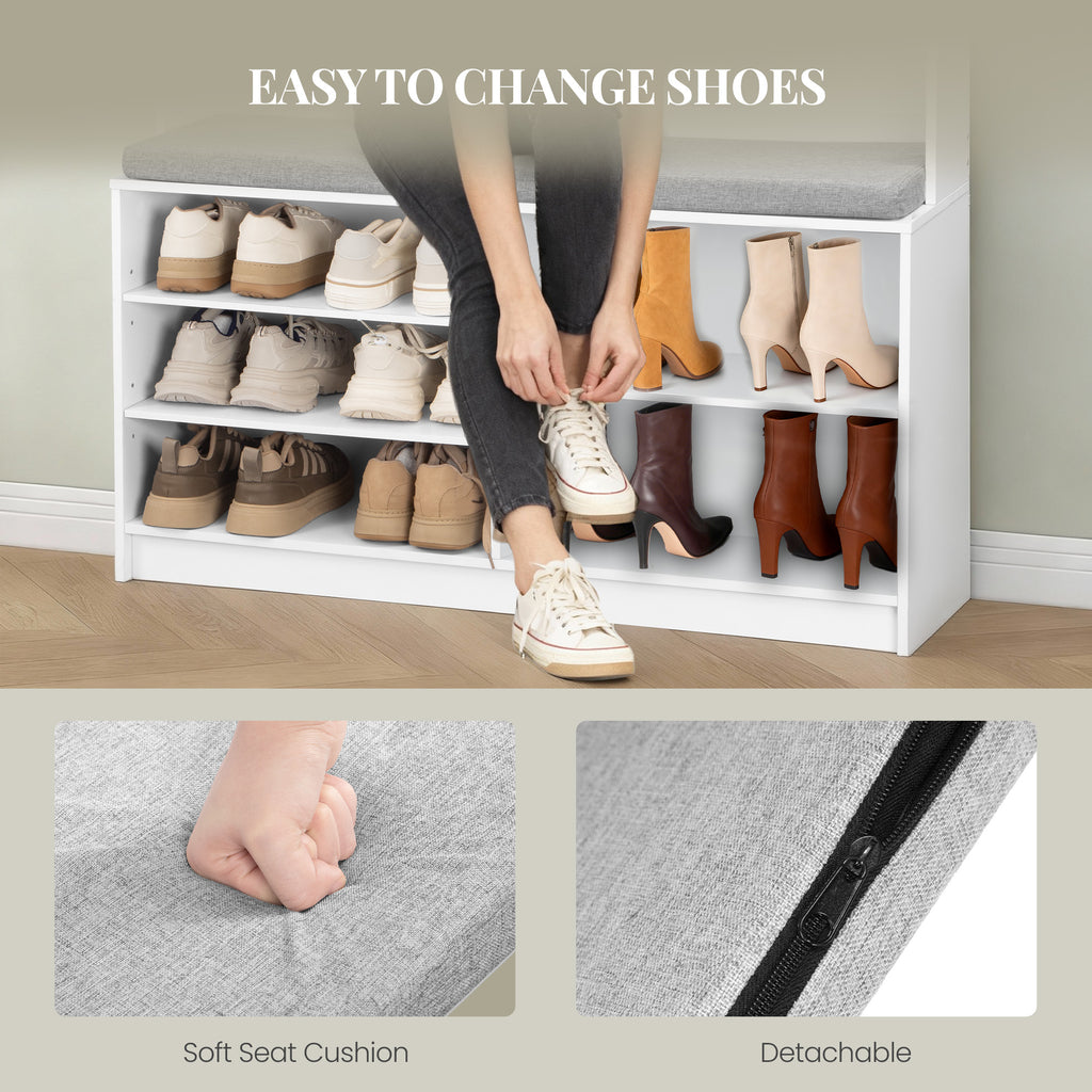 HEXCELEN Coat Rack with Shoe Bench, Wardrobe with 14 Hooks and 7 Open Compartments, Adjustable Shelves, for Hallways, Entrances, Living Rooms, 30 x 100 x 183.4 cm, White 720103X