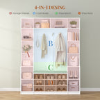HEXCELEN Coat Rack with Shoe Bench, 35 x 150 x 193.2 cm, with 23 Open Compartments and 9 Hooks, Adjustable Shelves, for Hallways, Entrances, Living Rooms, White 7215003X