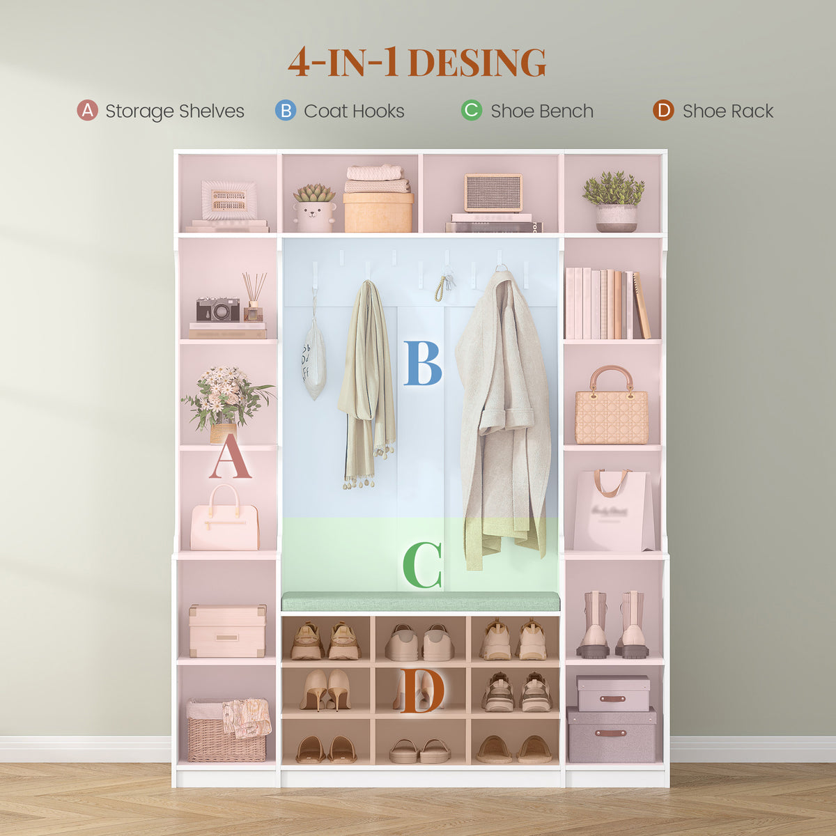 HEXCELEN Coat Rack with Shoe Bench, 35 x 150 x 193.2 cm, with 23 Open Compartments and 9 Hooks, Adjustable Shelves, for Hallways, Entrances, Living Rooms, White 7215003X
