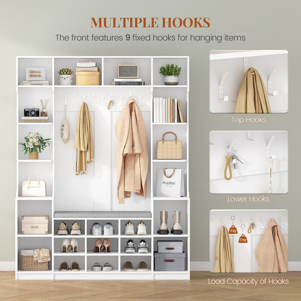 HEXCELEN Coat Rack with Shoe Bench, 35 x 150 x 193.2 cm, with 23 Open Compartments and 9 Hooks, Adjustable Shelves, for Hallways, Entrances, Living Rooms, White 7215003X