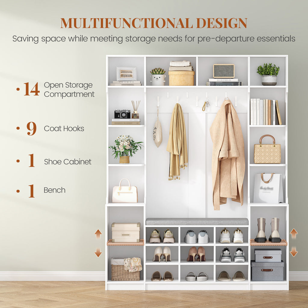 HEXCELEN Coat Rack with Shoe Bench, 35 x 150 x 193.2 cm, with 23 Open Compartments and 9 Hooks, Adjustable Shelves, for Hallways, Entrances, Living Rooms, White 7215003X