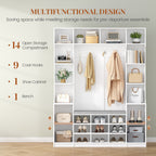 HEXCELEN Coat Rack with Shoe Bench, 35 x 150 x 193.2 cm, with 23 Open Compartments and 9 Hooks, Adjustable Shelves, for Hallways, Entrances, Living Rooms, White 7215003X