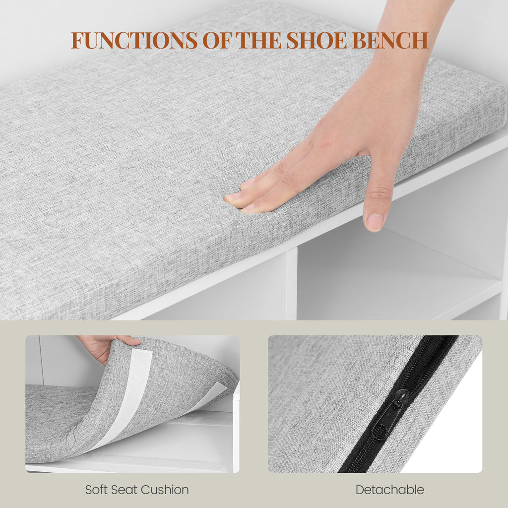 HEXCELEN Coat Rack with Shoe Bench, 35 x 150 x 193.2 cm, with 23 Open Compartments and 9 Hooks, Adjustable Shelves, for Hallways, Entrances, Living Rooms, White 7215003X