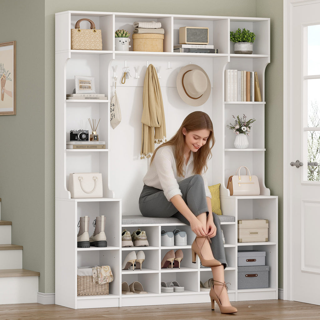 HEXCELEN Coat Rack with Shoe Bench, 35 x 150 x 193.2 cm, with 23 Open Compartments and 9 Hooks, Adjustable Shelves, for Hallways, Entrances, Living Rooms, White 7215003X