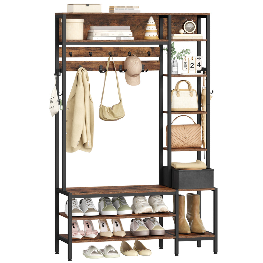 HEXCELEN Coat Stand with Shoe Bench, 1 Fabric Basket, Clothes Rack with 15 Hooks, 8 Open Shelves for Hallways and Living Room, 40 x 120 x 190.5 cm, Brown and Black 722101B