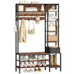 HEXCELEN Coat Stand with Shoe Bench, 1 Fabric Basket, Clothes Rack with 15 Hooks, 8 Open Shelves for Hallways and Living Room, 40 x 120 x 190.5 cm, Brown and Black 722101B
