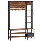 HEXCELEN Coat Stand with Shoe Bench, 1 Fabric Basket, Clothes Rack with 15 Hooks, 8 Open Shelves for Hallways and Living Room, 40 x 120 x 190.5 cm, Brown and Black 722101B